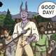 Tiefling prince Eugene bids an unseen group "Good Day", surrounded by fantasy villagers, in a panel from Real Hero Shit.